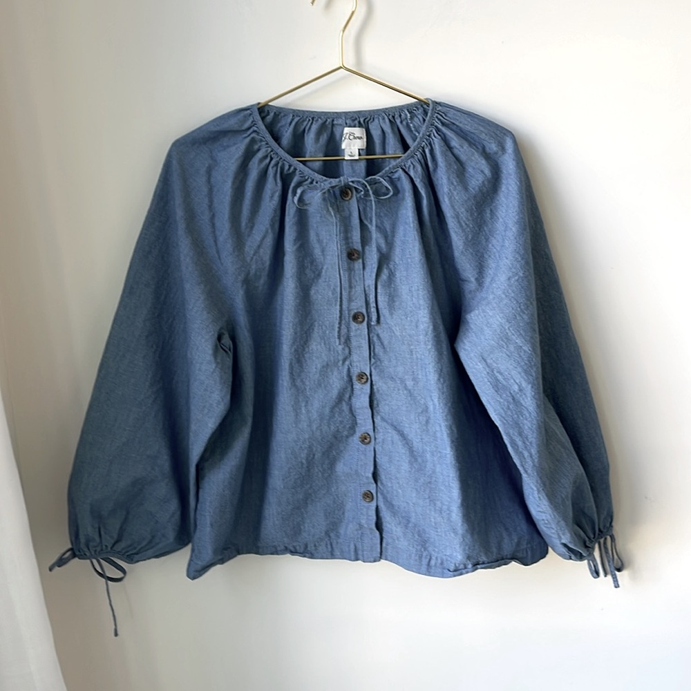 J. Crew Tie Sleeve Button Front Chambray Top with Tie Neck Detail Cotton Size L